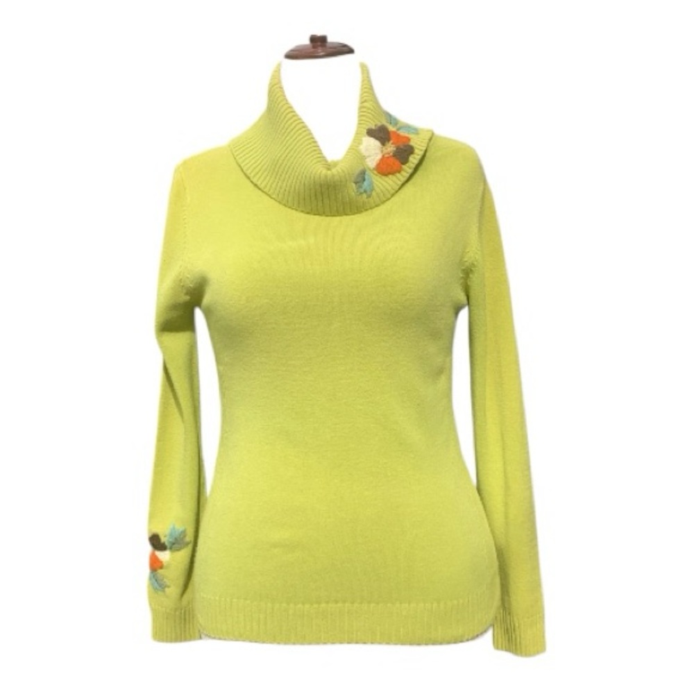 VTG Love‎ Sex Money Lime Green Sweater Cowl Neck Floral Embroidery Size Small